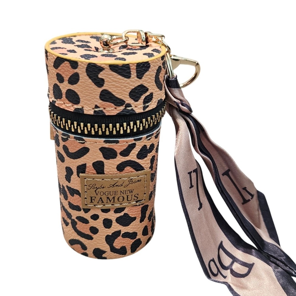 Soybs And Jeans Leopard Print Cylinder Keychain Pouch Lipstick Coin Holder Scarf